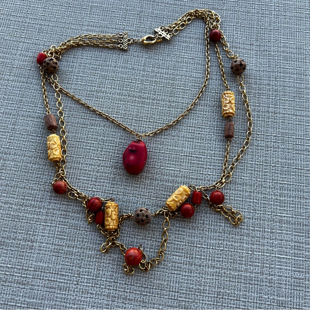 Gold-Tone Multi-Strand Necklace with Red Beads